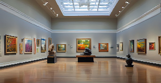 An art gallery filled with contemporary artworks, featuring visitors admiring the pieces in a well-lit space.