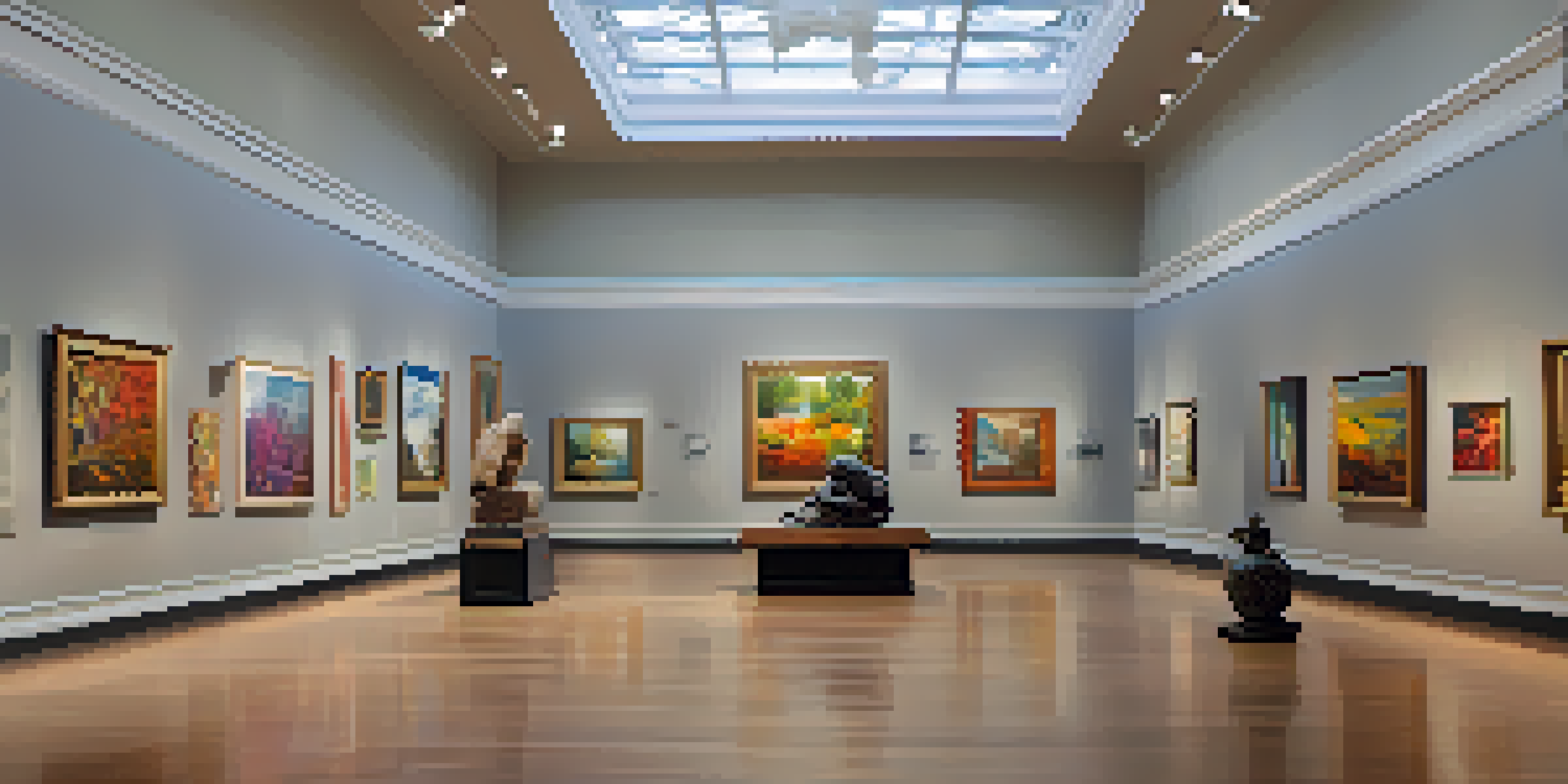 An art gallery filled with contemporary artworks, featuring visitors admiring the pieces in a well-lit space.