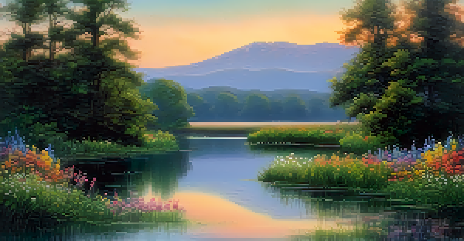 A picturesque landscape of a lake surrounded by greenery and wildflowers, with a beautiful sunset reflected on the water.