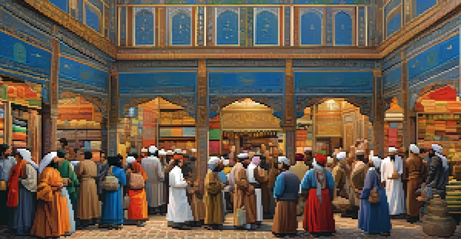 A colorful Persian bazaar scene filled with merchants and traditional architecture, showcasing intricate miniature painting techniques.