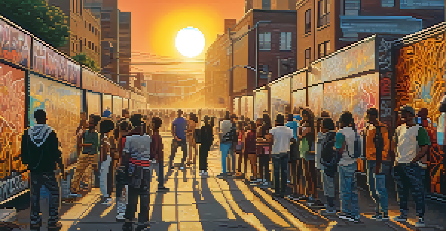 A street artist spray painting a wall filled with colorful graffiti about social justice, with onlookers watching and a sunset in the background.