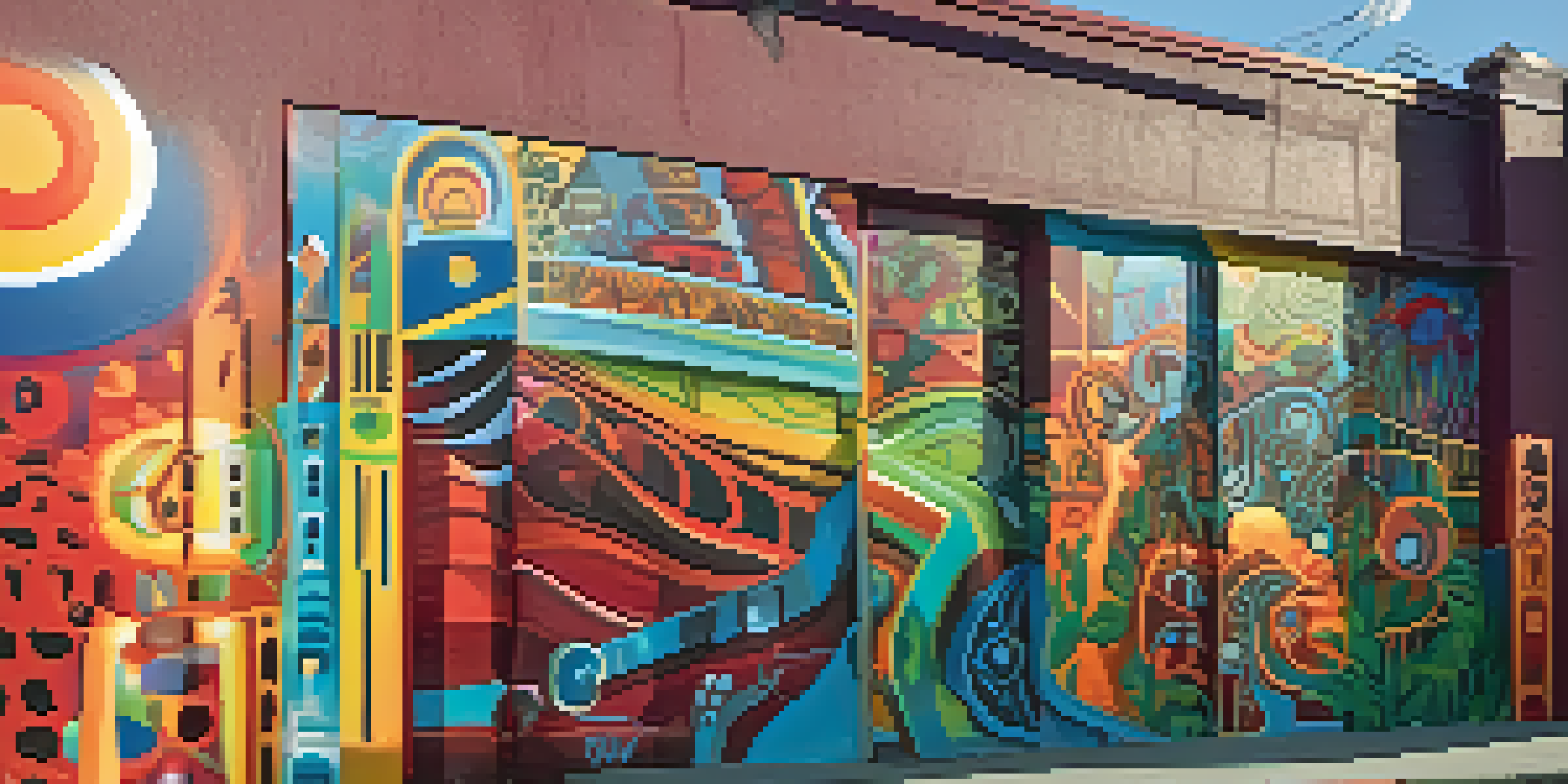 A colorful street mural that combines traditional indigenous designs with modern urban art, showcasing wildlife and abstract shapes under bright sunlight.