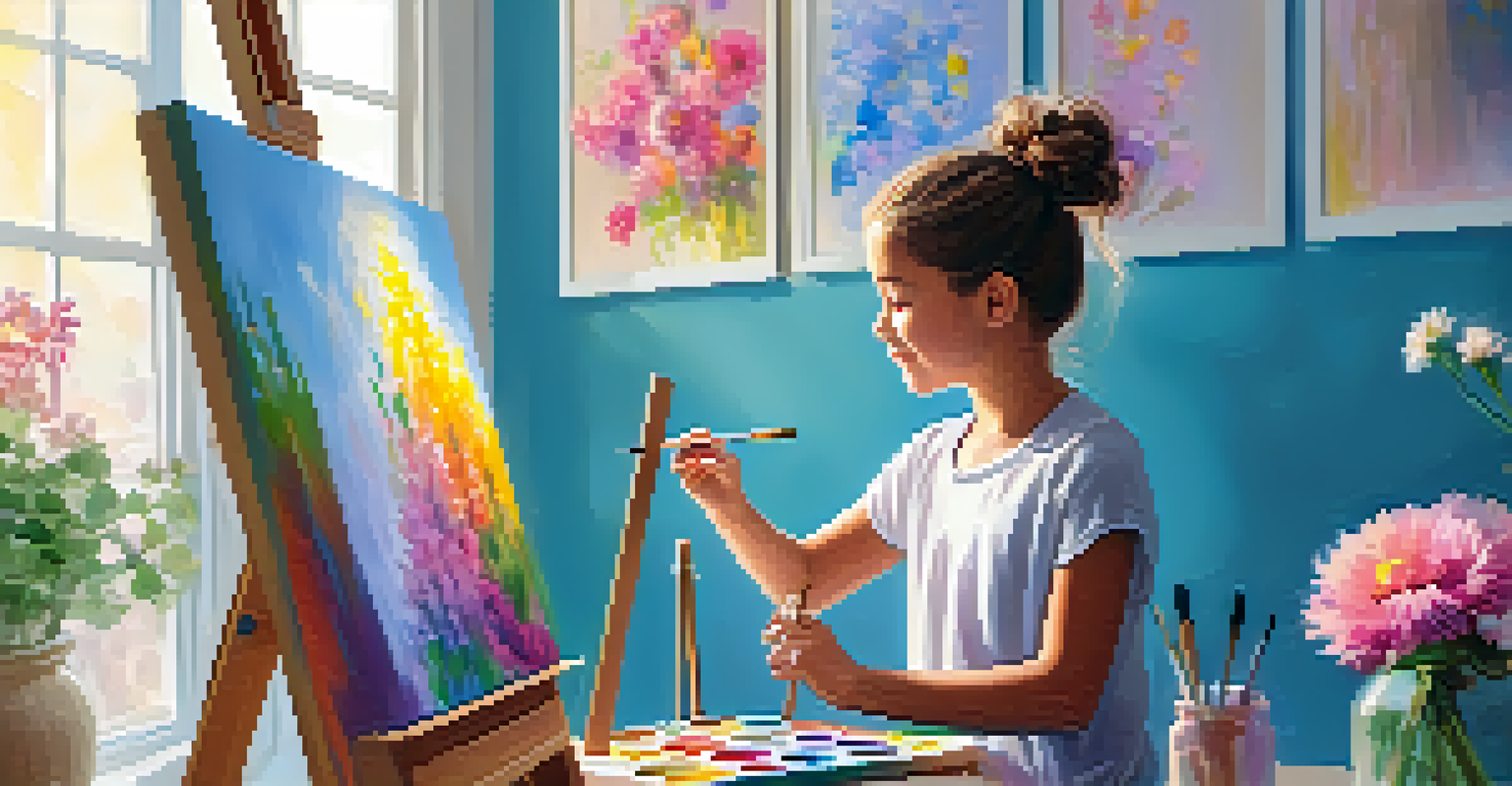 An art therapist supporting a young girl in creating a colorful painting, depicting flowers and a sunny sky, in a well-lit art studio.