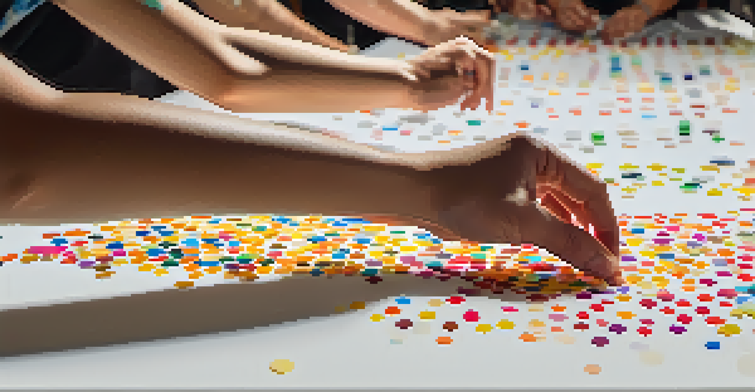A hand placing colorful stickers on a white canvas, with people engaged in a collaborative art project.