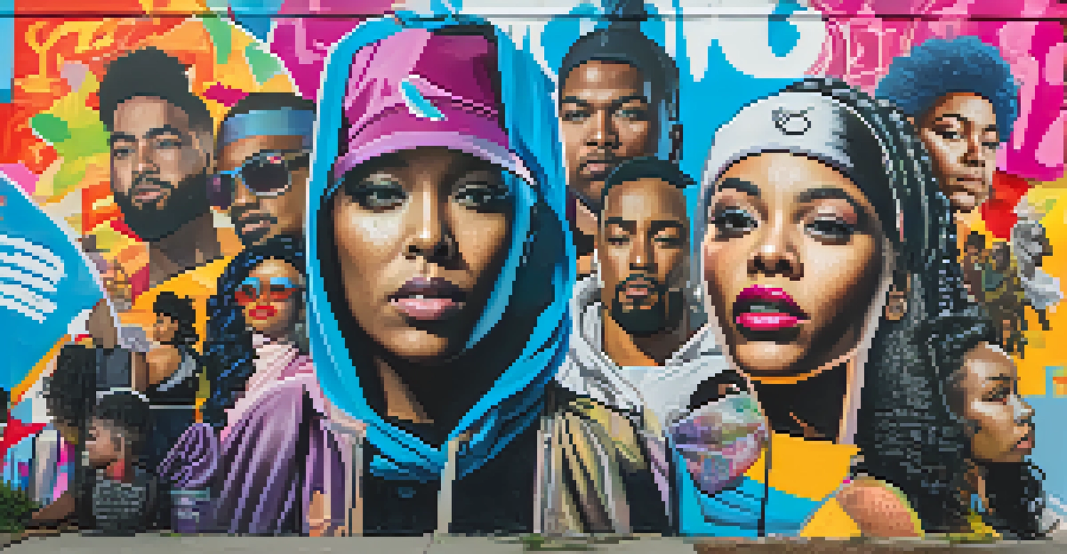A vibrant street art mural depicting a diverse group of people with messages of unity and empowerment, showcasing contemporary art styles.