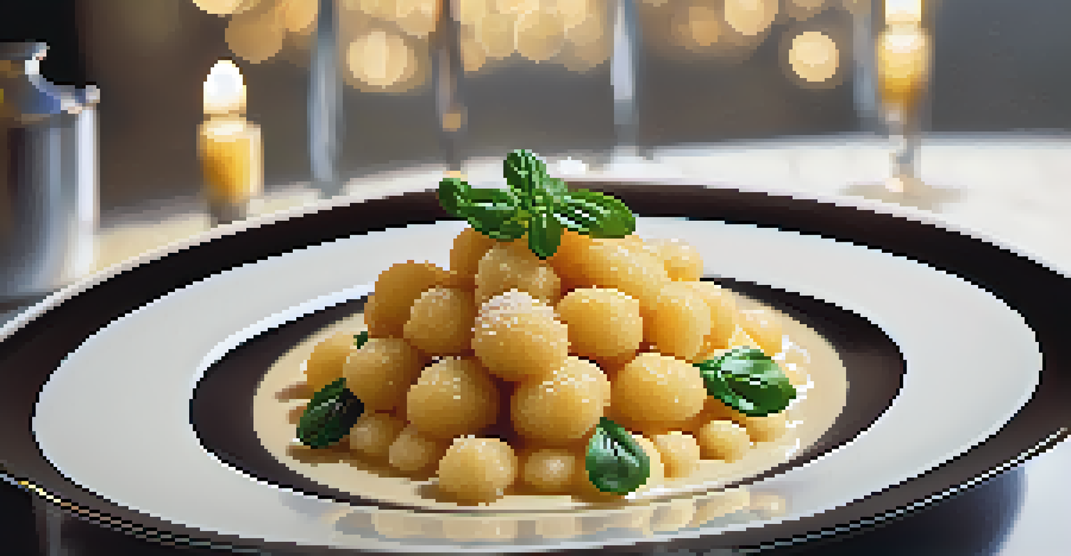 A fine dining plate of gnocchi with a crispy topping, artistically arranged with a drizzle of sauce around it.