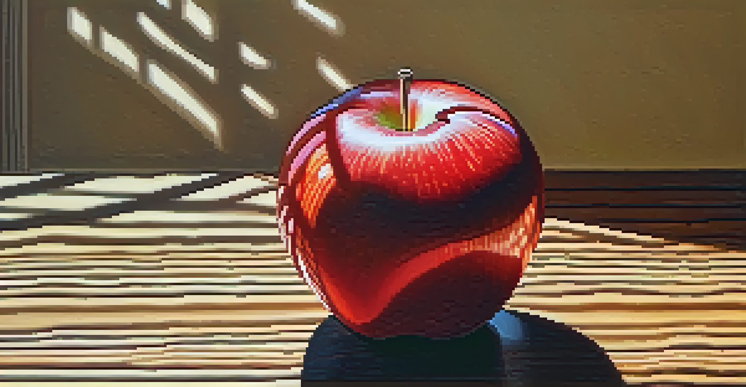 A close-up view of a shiny red apple on a wooden table, with sunlight creating reflections and shadows.
