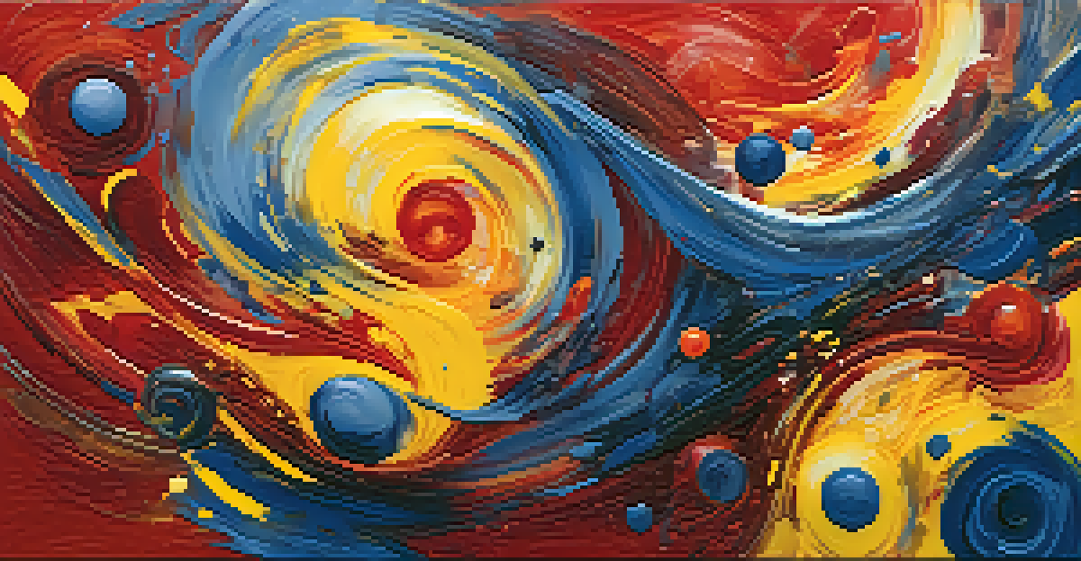An abstract painting with swirling colors and dynamic brush strokes representing emotions.