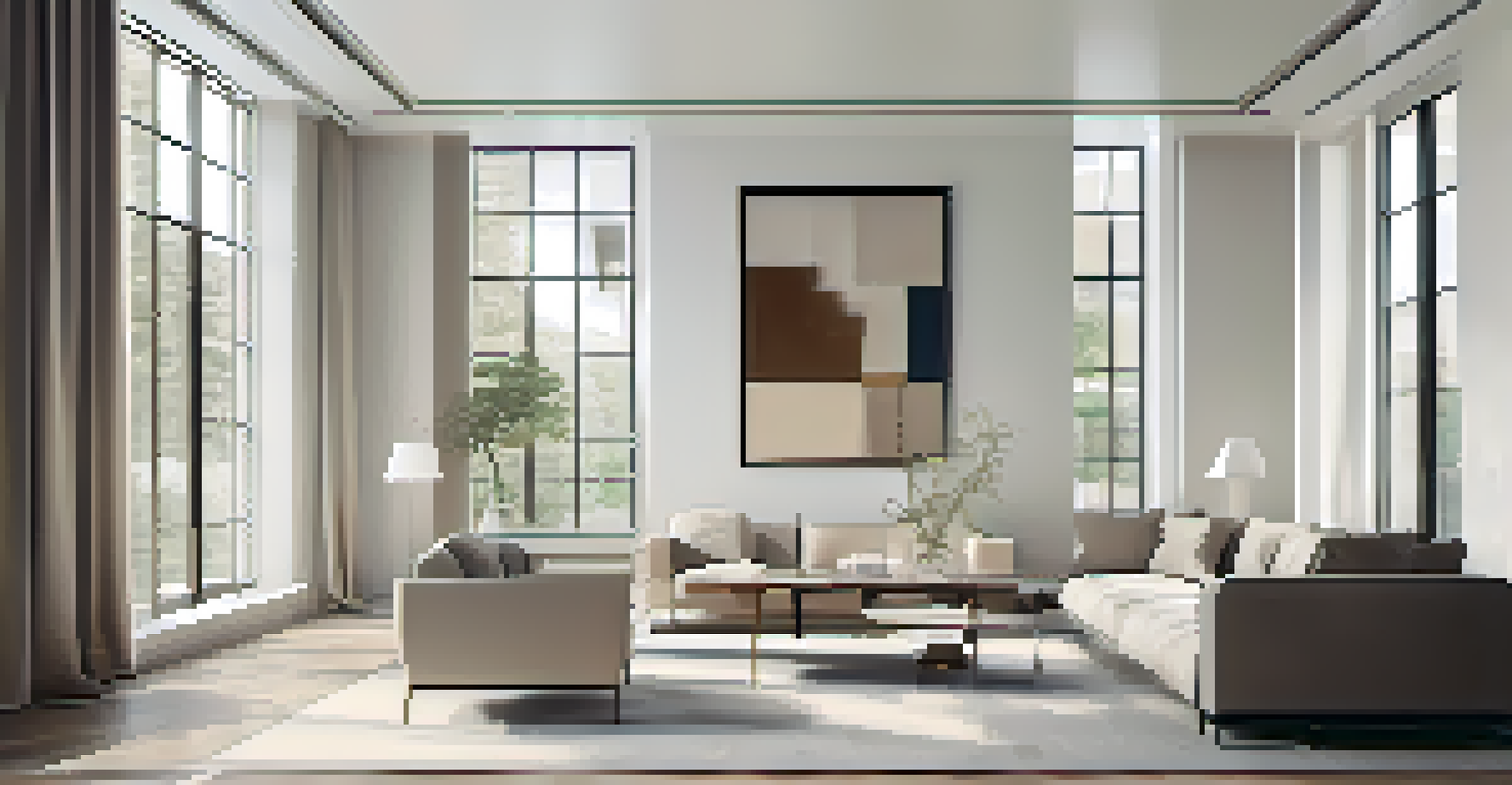 A modern room with large windows, featuring minimal furniture and a single abstract artwork on the wall, surrounded by white space.