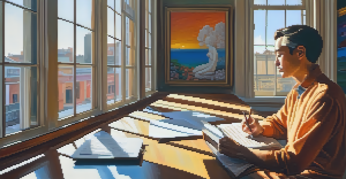 An art critic taking notes in a bright gallery surrounded by colorful paintings, with sunlight streaming through large windows.