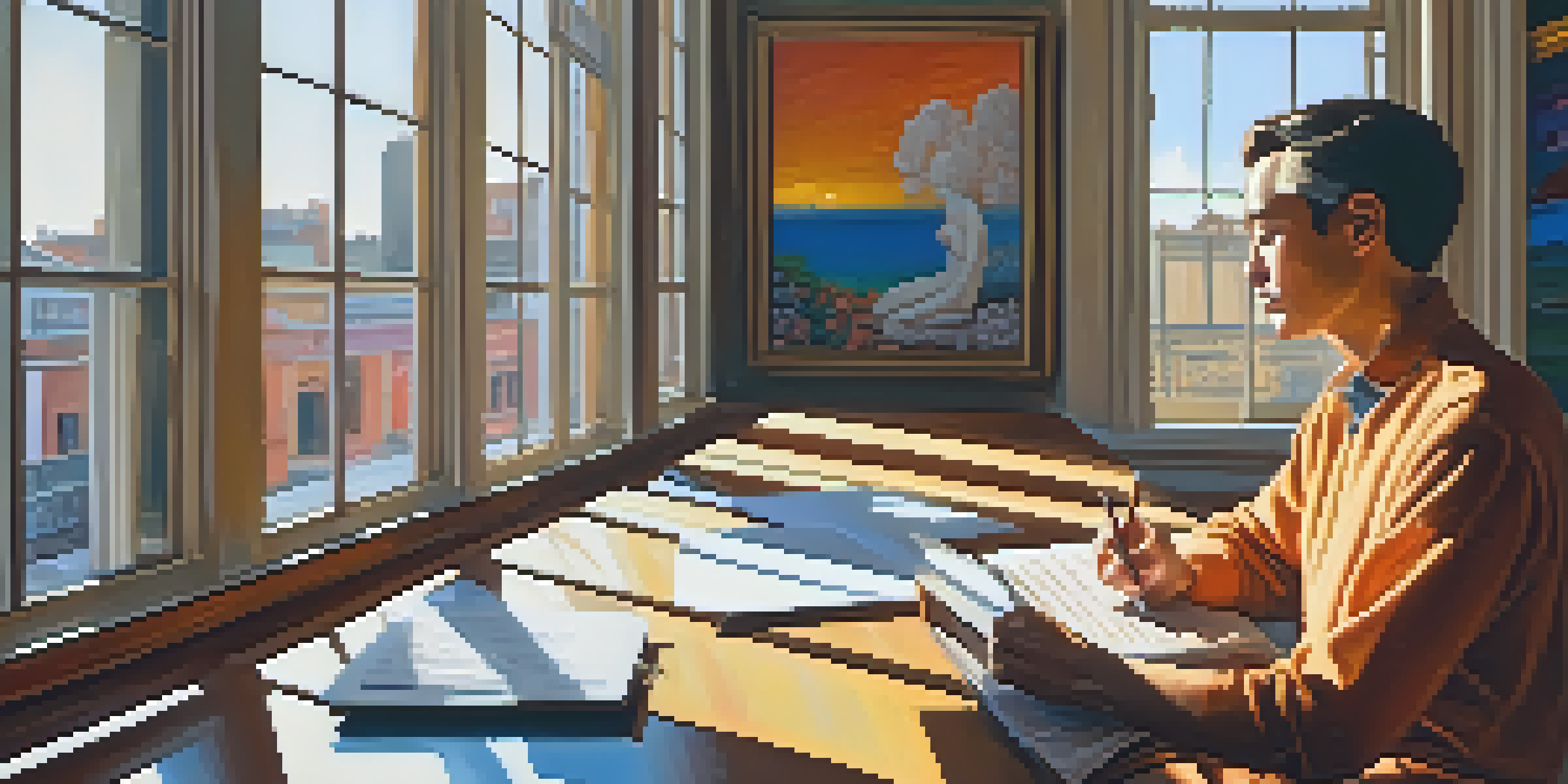 An art critic taking notes in a bright gallery surrounded by colorful paintings, with sunlight streaming through large windows.