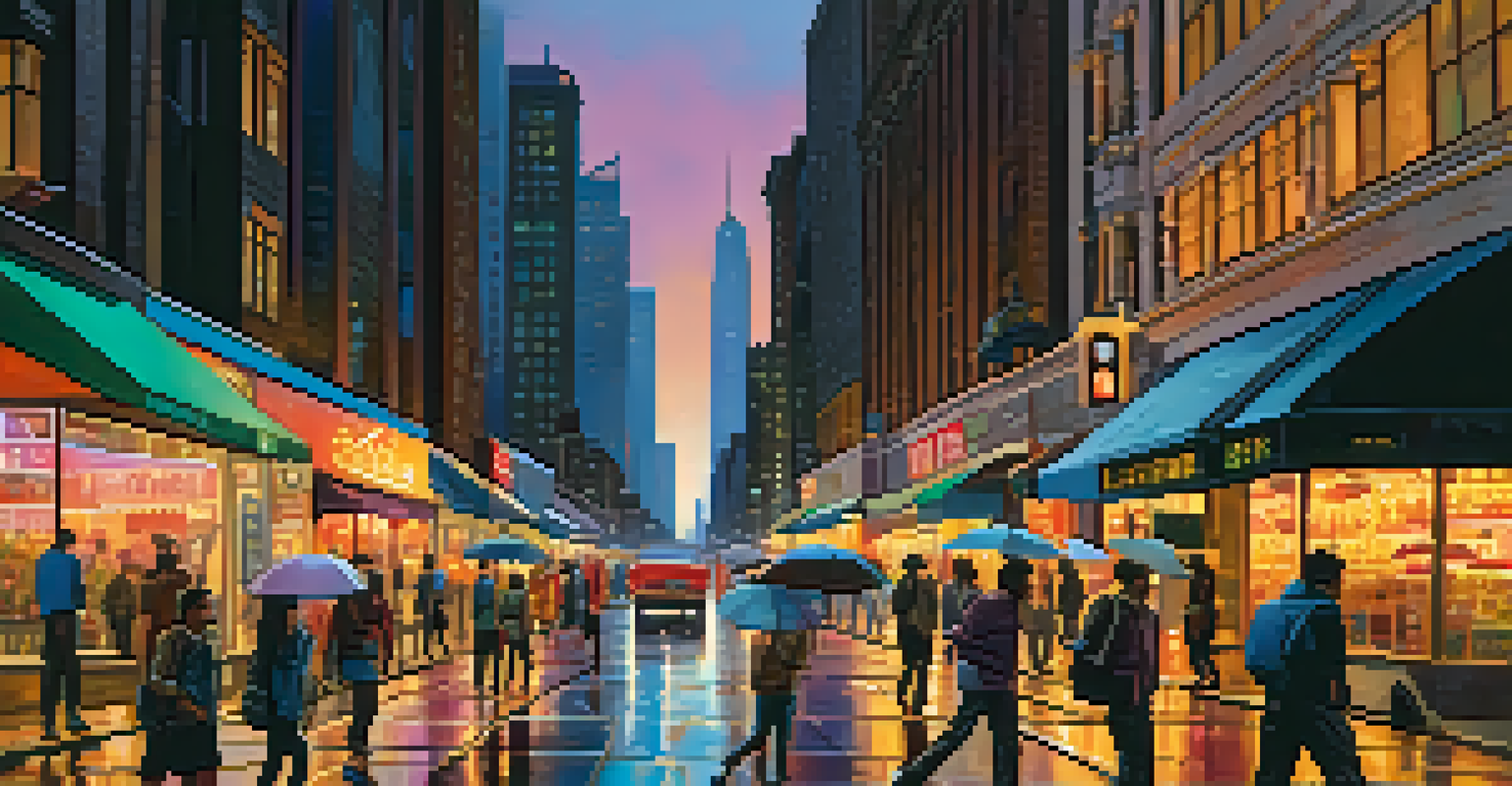 A lively city street at dusk, showing skyscrapers, people walking, and colorful reflections on wet pavement.