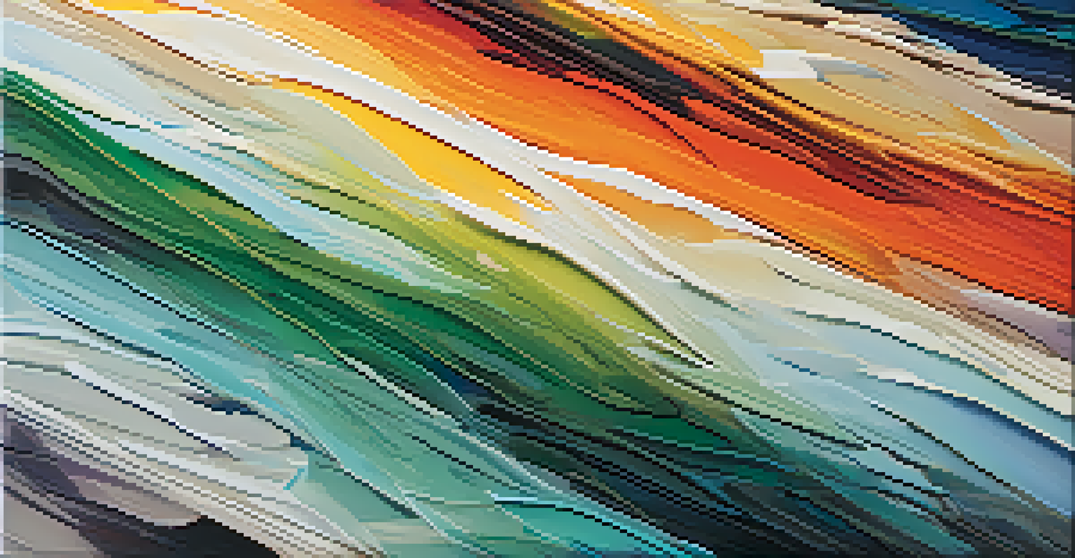 A close-up of an abstract painting showing smooth and jagged shapes in various colors, with visible canvas texture and depth created by light.
