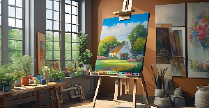 A bright art studio filled with colorful artworks, a wooden easel, paints, and brushes, with a garden view outside.
