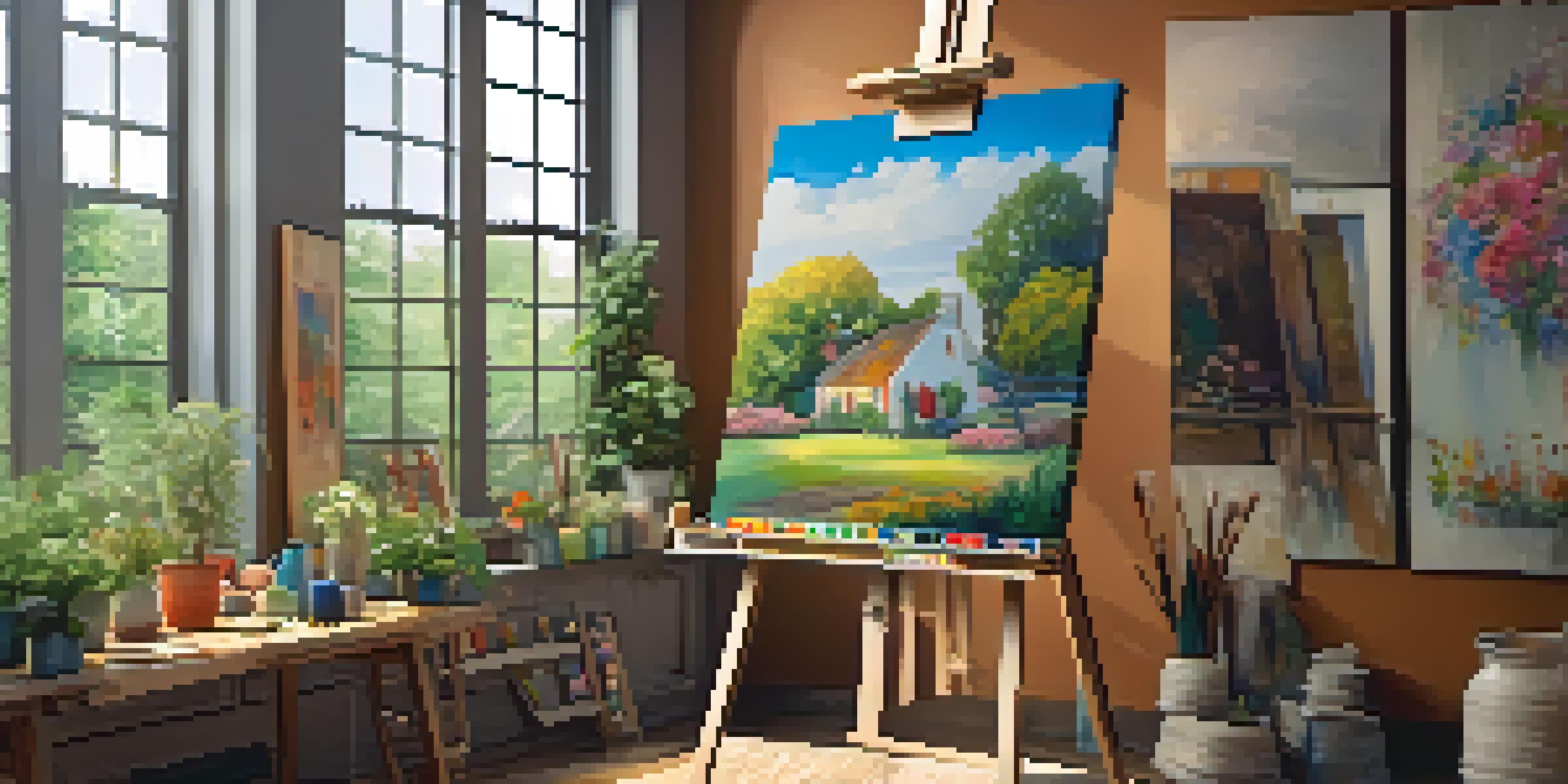 A bright art studio filled with colorful artworks, a wooden easel, paints, and brushes, with a garden view outside.