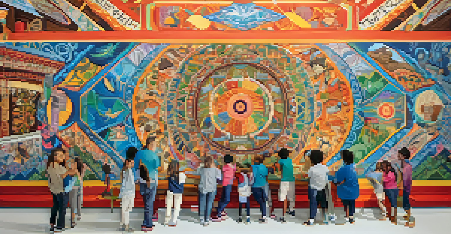 A collaborative mural in a community space showing diverse cultural symbols and personal stories, with artists of all ages painting together.