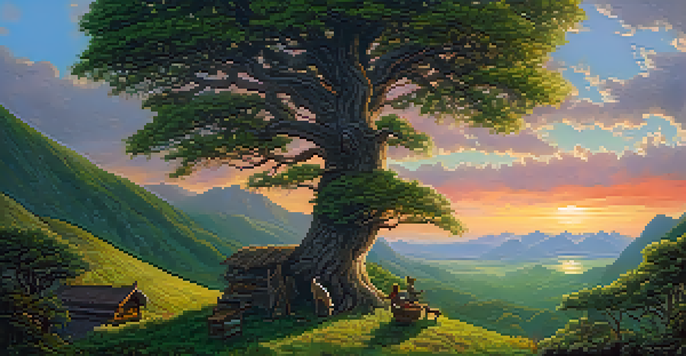 An artist painting a mythical creature at sunset in a green valley, surrounded by traditional painting tools and vibrant colors.