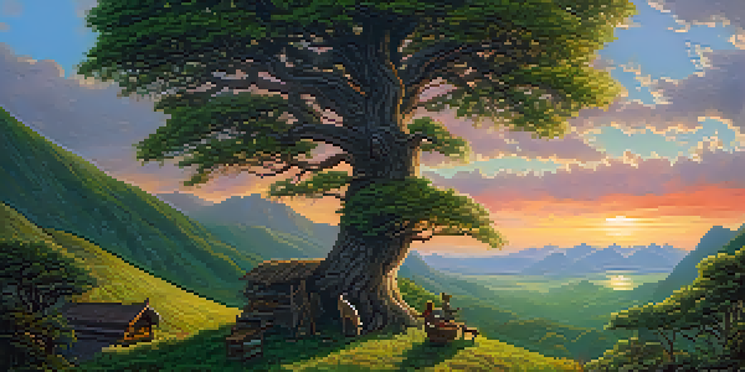 An artist painting a mythical creature at sunset in a green valley, surrounded by traditional painting tools and vibrant colors.