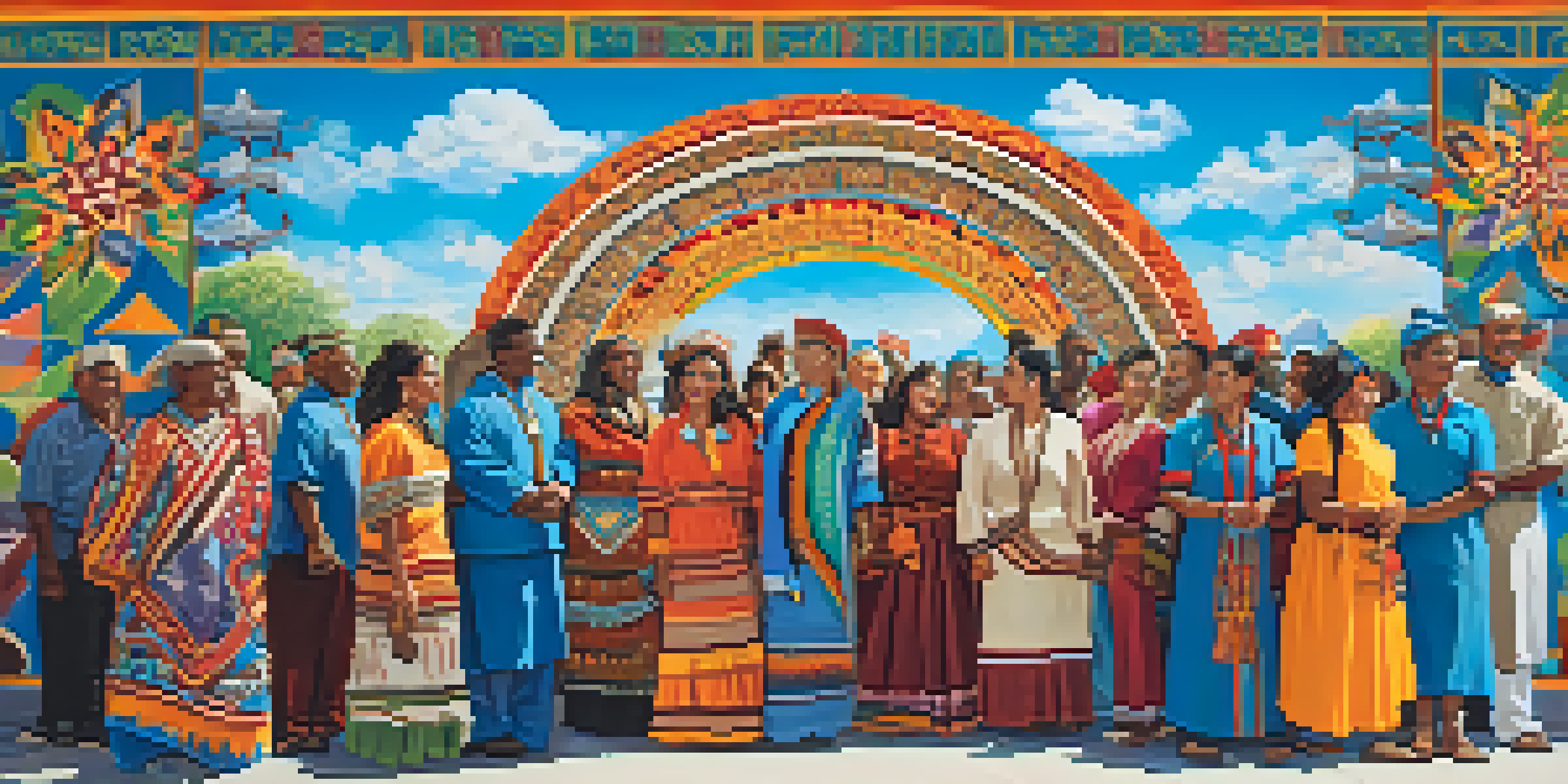 A colorful mural showing diverse individuals celebrating their cultural heritage, with patterns and symbols of unity under a blue sky.