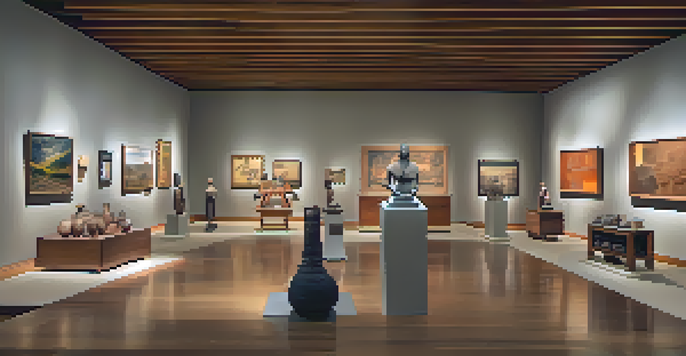 A bright museum interior with diverse artifacts, natural light, and visitors discussing exhibits.