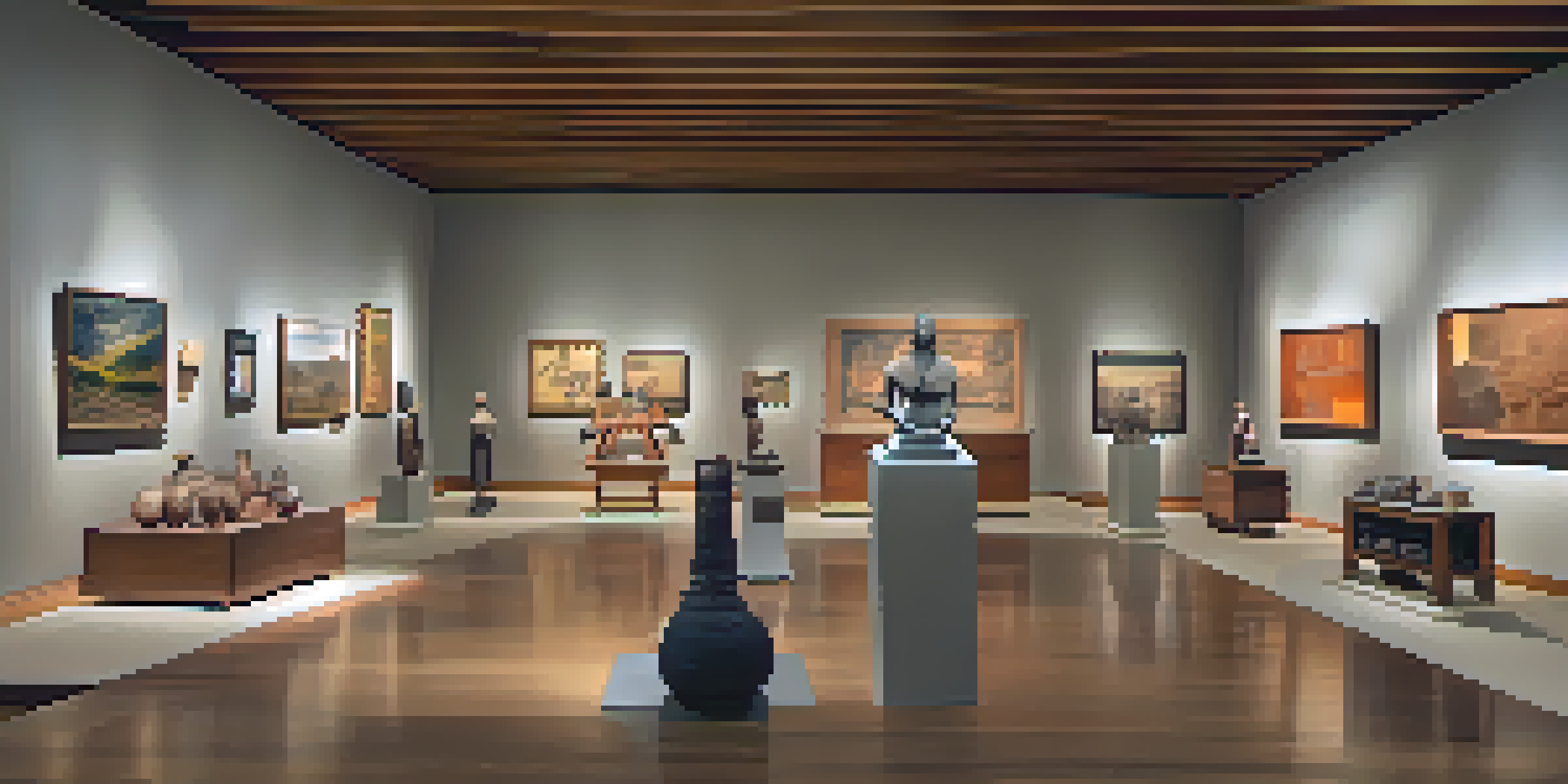 A bright museum interior with diverse artifacts, natural light, and visitors discussing exhibits.