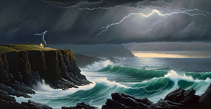 A stormy sea with crashing waves and a dark sky, featuring a small figure on a cliff looking at the tumultuous scene.