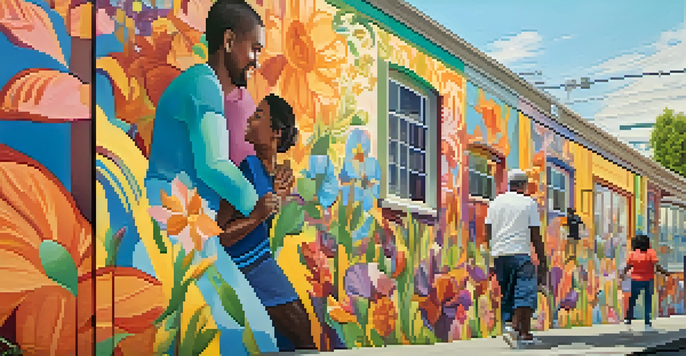 A colorful mural showing a diverse group of people engaged in community activities with flowers and abstract patterns in the background, illuminated by warm afternoon sunlight.