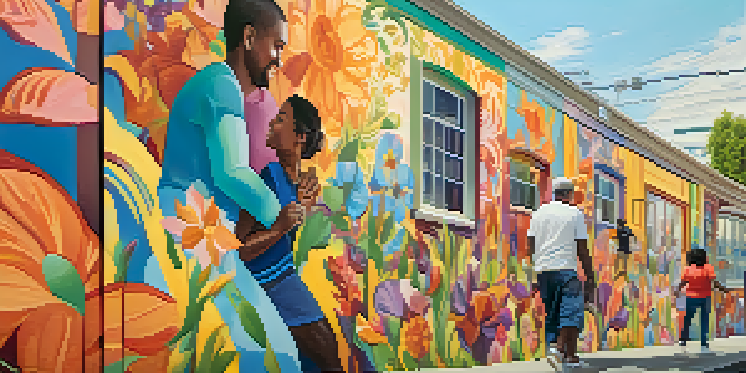 A colorful mural showing a diverse group of people engaged in community activities with flowers and abstract patterns in the background, illuminated by warm afternoon sunlight.