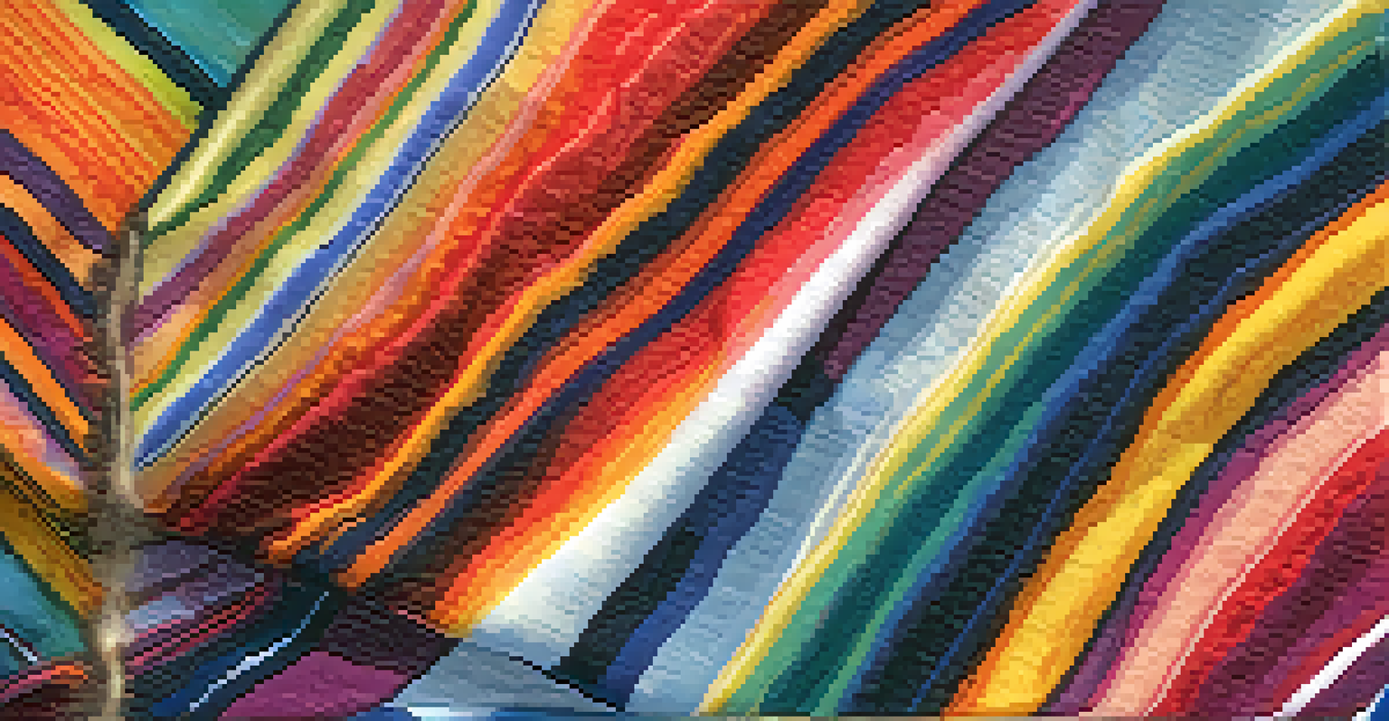 A close-up of a colorful fabric with an abstract painting print, highlighting its rich texture and vibrant colors in soft lighting.