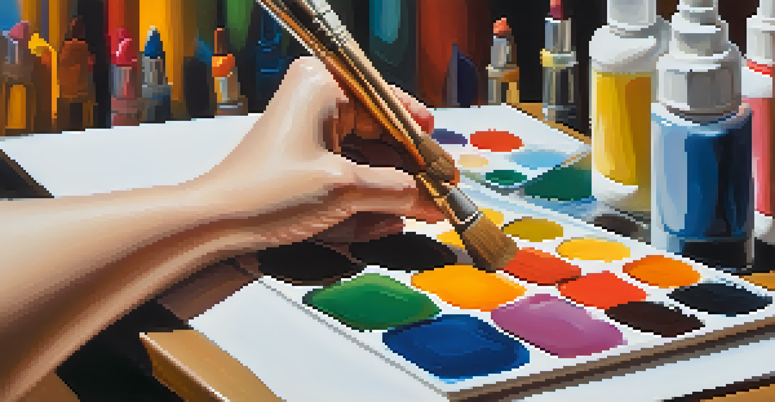 A close-up of a hand with a paintbrush above a blank canvas in a vibrant art studio, symbolizing self-expression.