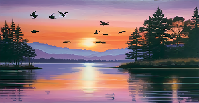 A serene landscape depicting a sunset over a calm lake, with trees reflecting in the water.