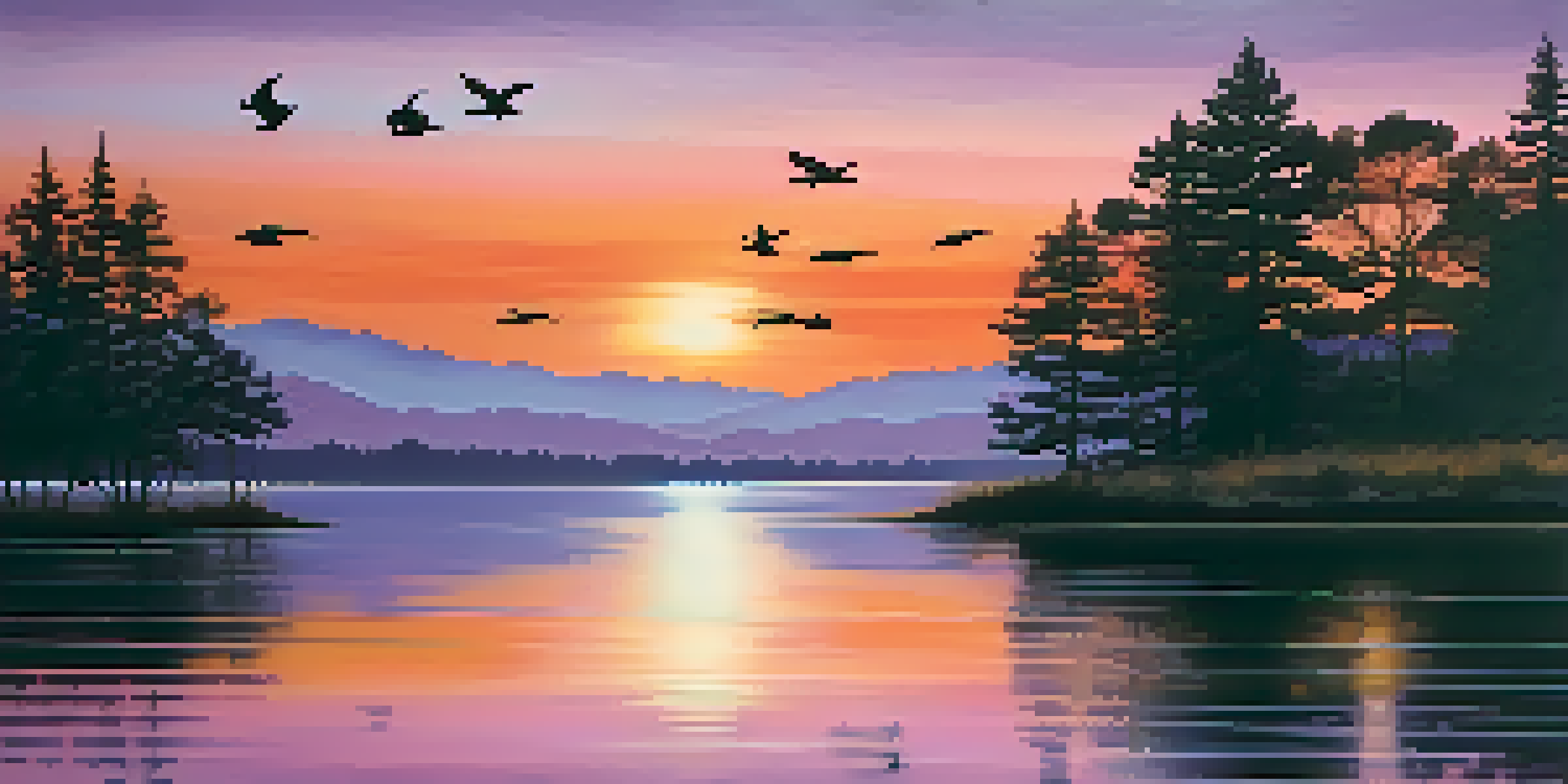 A serene landscape depicting a sunset over a calm lake, with trees reflecting in the water.