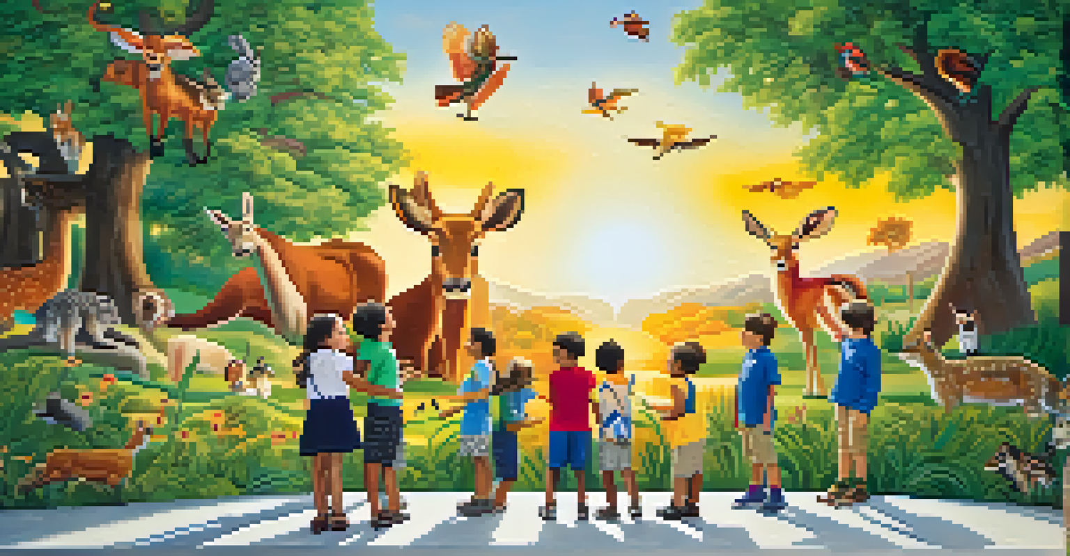 Children proudly displaying a large collaborative mural with colorful landscapes, smiling and engaged.