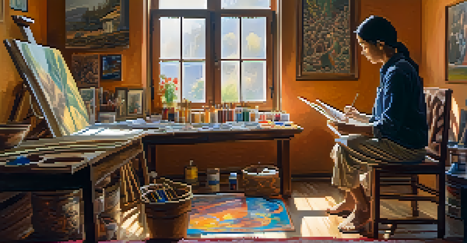 An artist in a studio, painting a cultural scene on a canvas, surrounded by art supplies and bathed in natural light.