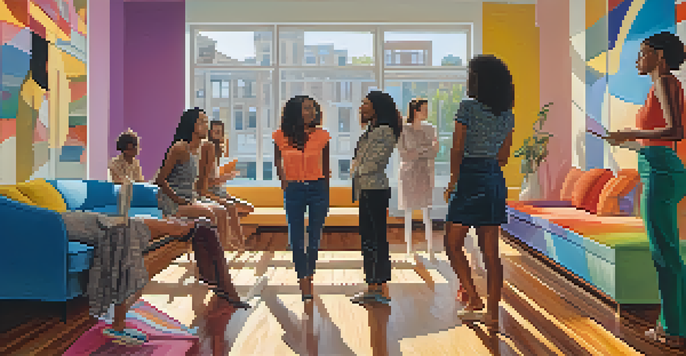 A group of diverse women discussing art in a gallery, surrounded by colorful abstract paintings and illuminated by soft natural light.