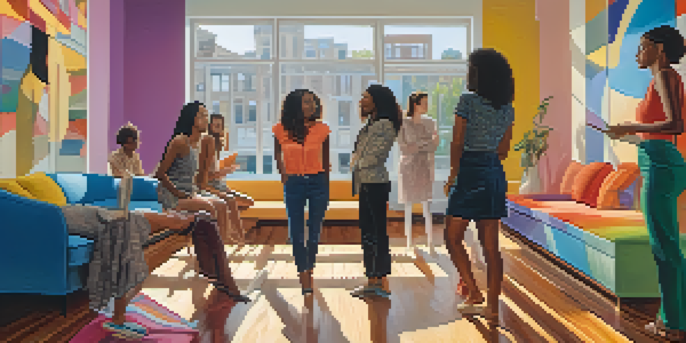 A group of diverse women discussing art in a gallery, surrounded by colorful abstract paintings and illuminated by soft natural light.