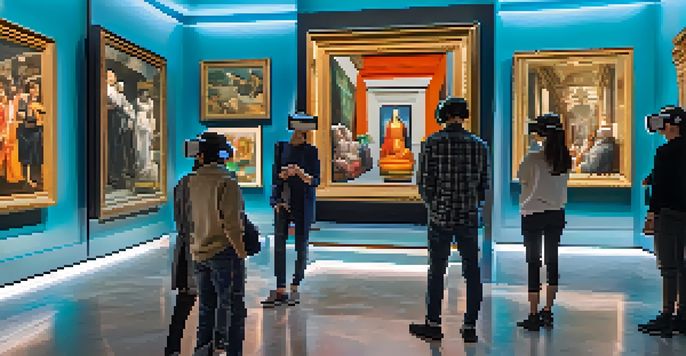 A digital museum with people using VR headsets to explore famous artworks, surrounded by colorful lights and modern architecture.