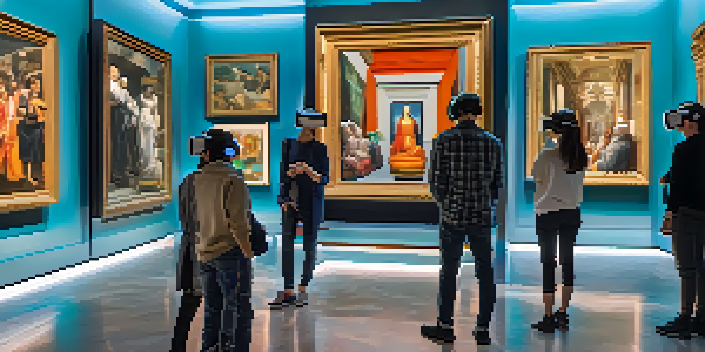 A digital museum with people using VR headsets to explore famous artworks, surrounded by colorful lights and modern architecture.