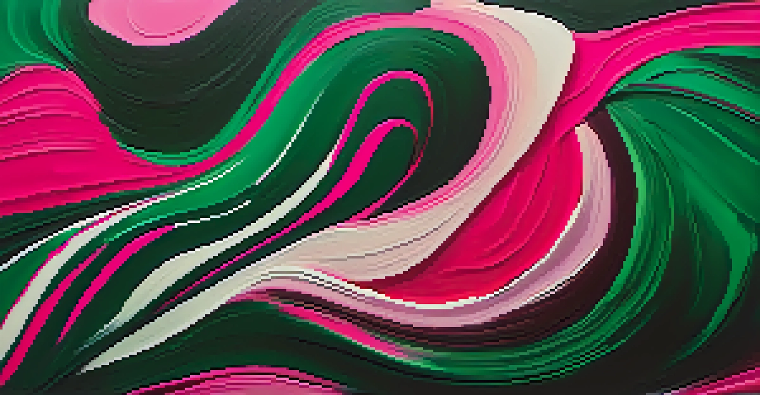 An abstract painting with thick brushstrokes in green and pink creating a sense of motion and rhythm.