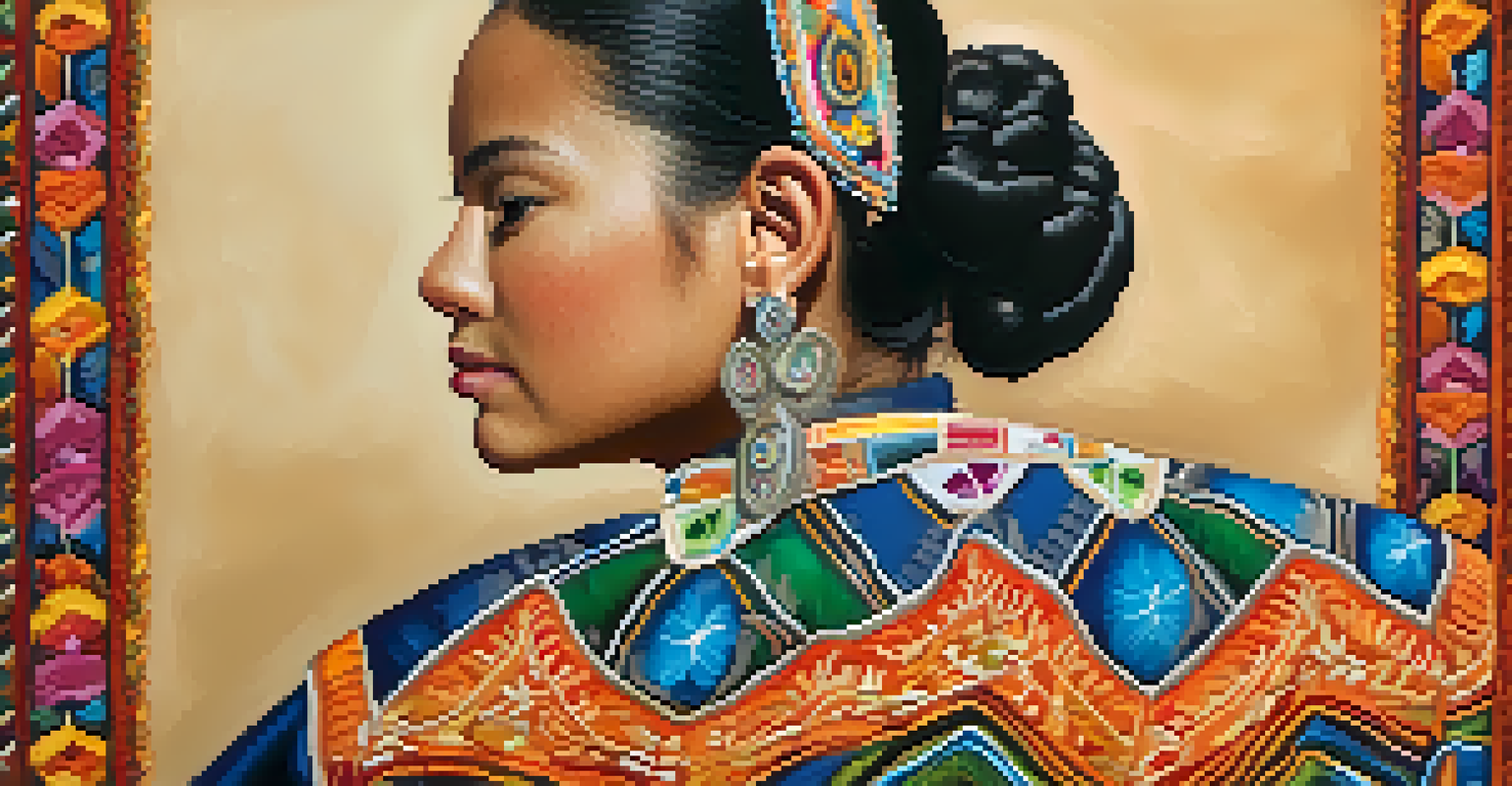 A close-up of a colorful Tehuana dress with intricate embroidery, set against a muted background.