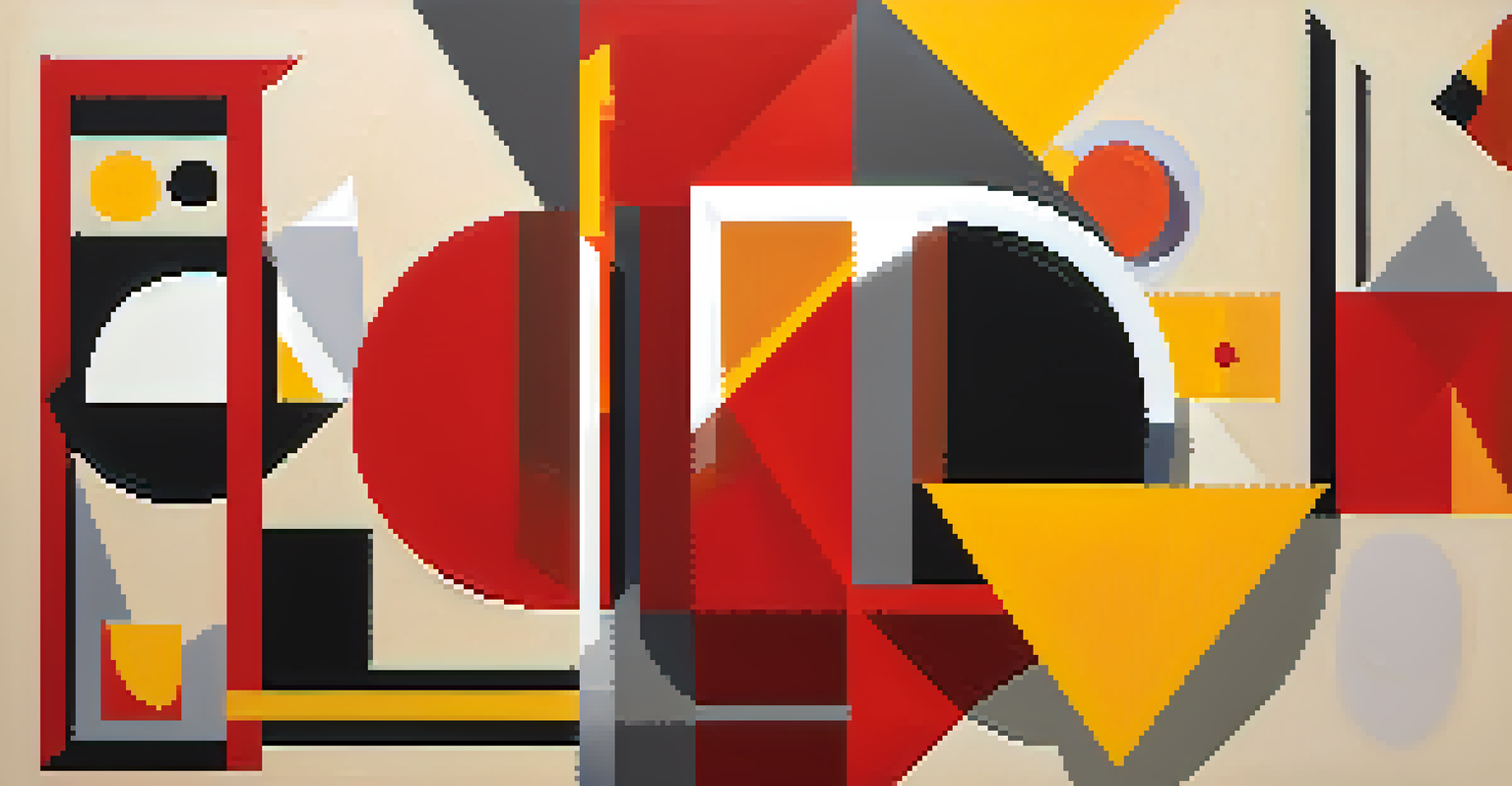 An abstract piece with bold red and yellow geometric shapes, creating tension and harmony on a textured surface.
