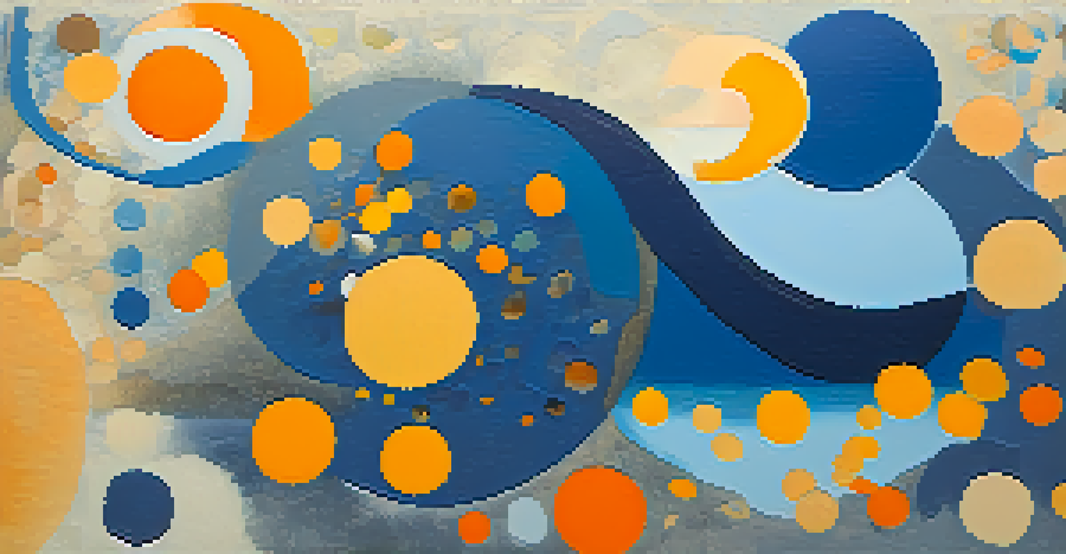 An abstract painting with a large blue shape and smaller orange and yellow circles on a pastel textured background.