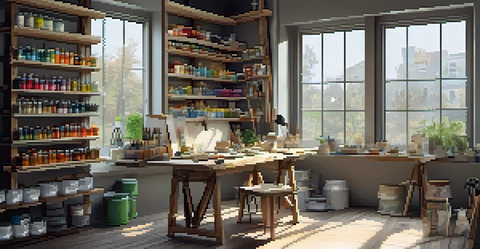 An artist's workspace with eco-friendly paint cans in natural colors, brushes, and a canvas, illuminated by natural light.