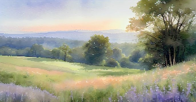 A watercolor landscape with a soft lavender to peach sky and a green meadow filled with wildflowers, depicting a serene early morning atmosphere.