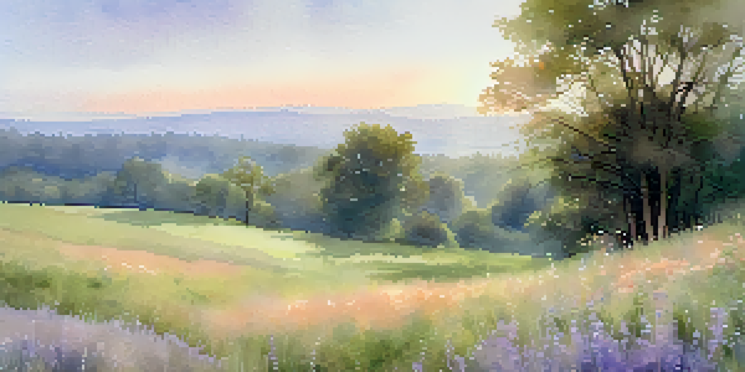 A watercolor landscape with a soft lavender to peach sky and a green meadow filled with wildflowers, depicting a serene early morning atmosphere.