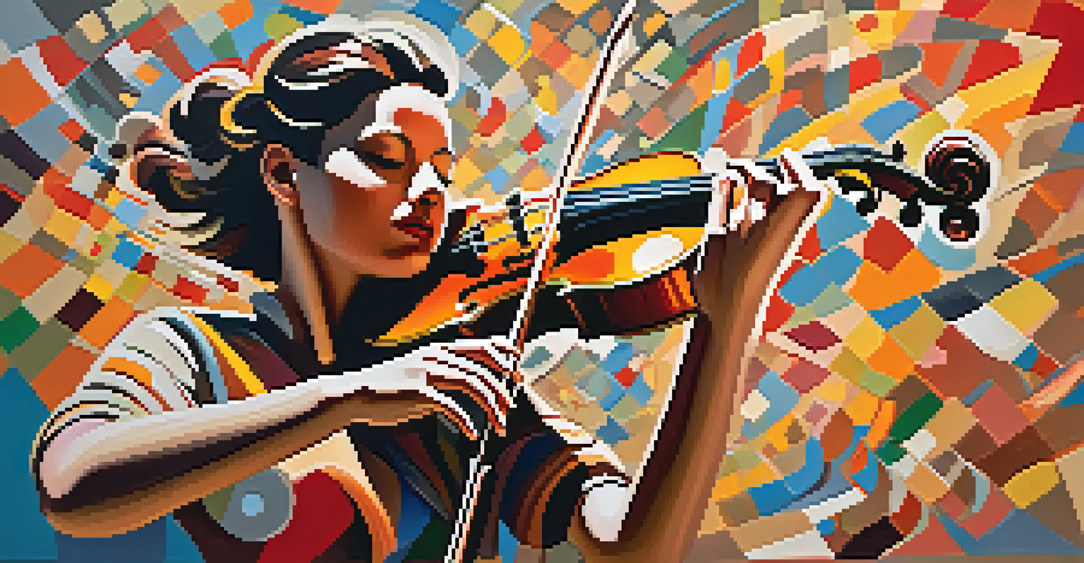 An artistic depiction of a violinist, featuring swirling colors and dynamic contrasts that reflect the rhythm of music.