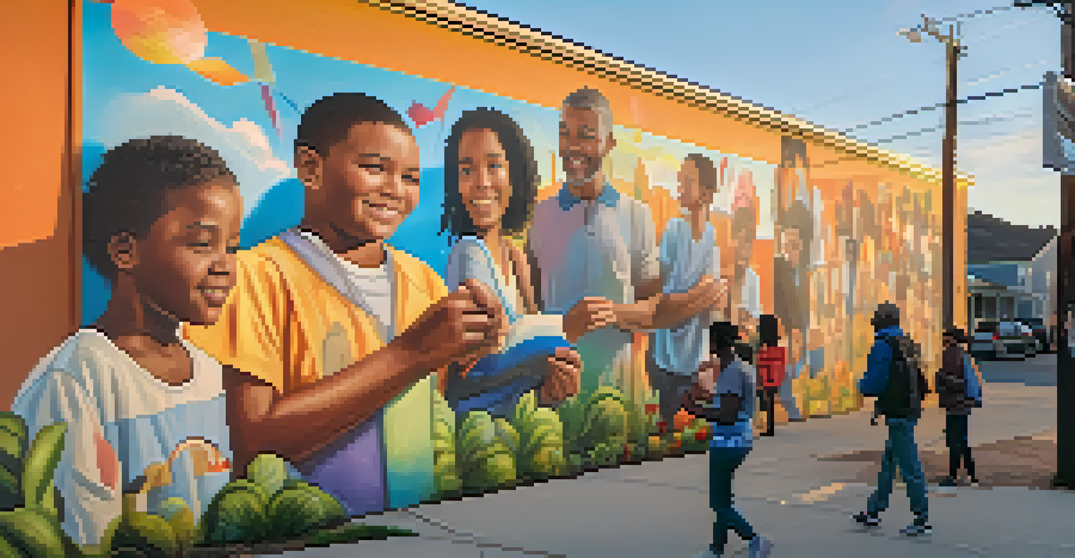 A community of diverse individuals working together on a mural, surrounded by colorful artwork symbolizing unity and hope.