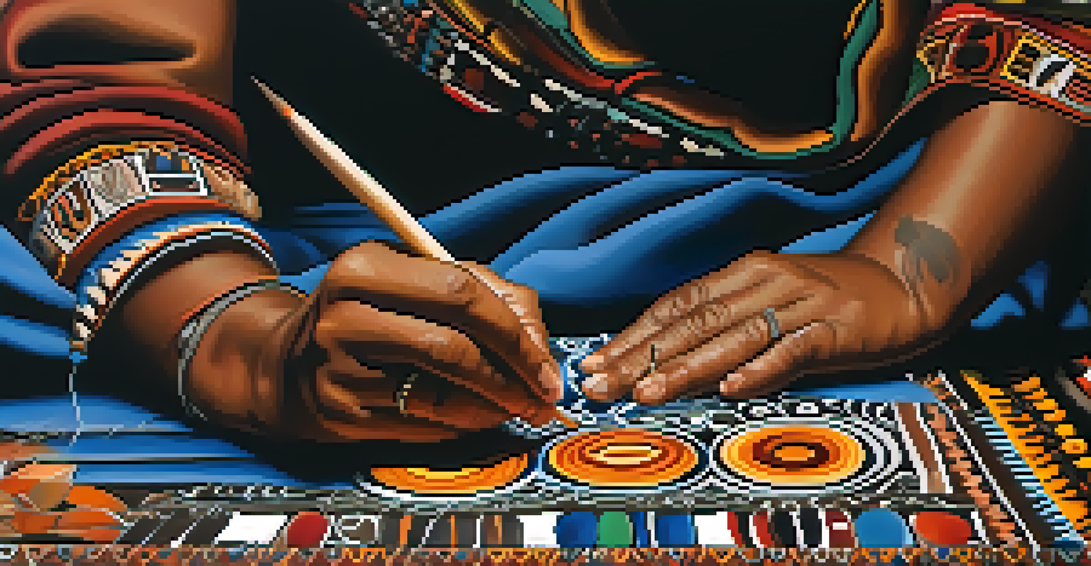 An Aboriginal artist painting a canvas with Dreamtime symbols, surrounded by vibrant colors in a warmly lit studio.
