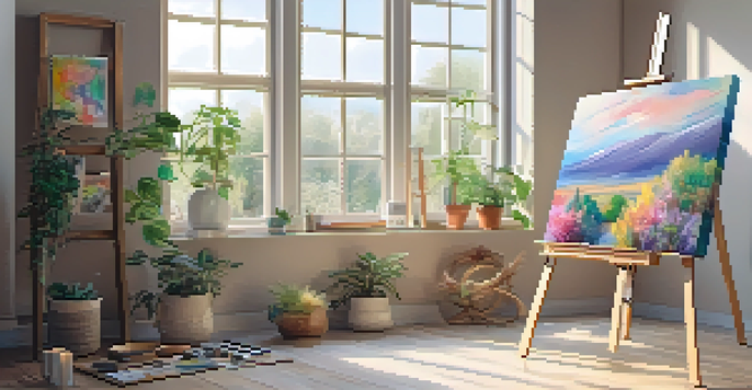 A bright and calming painting space with an easel, colorful canvas, and natural light from a window, surrounded by plants and art supplies.