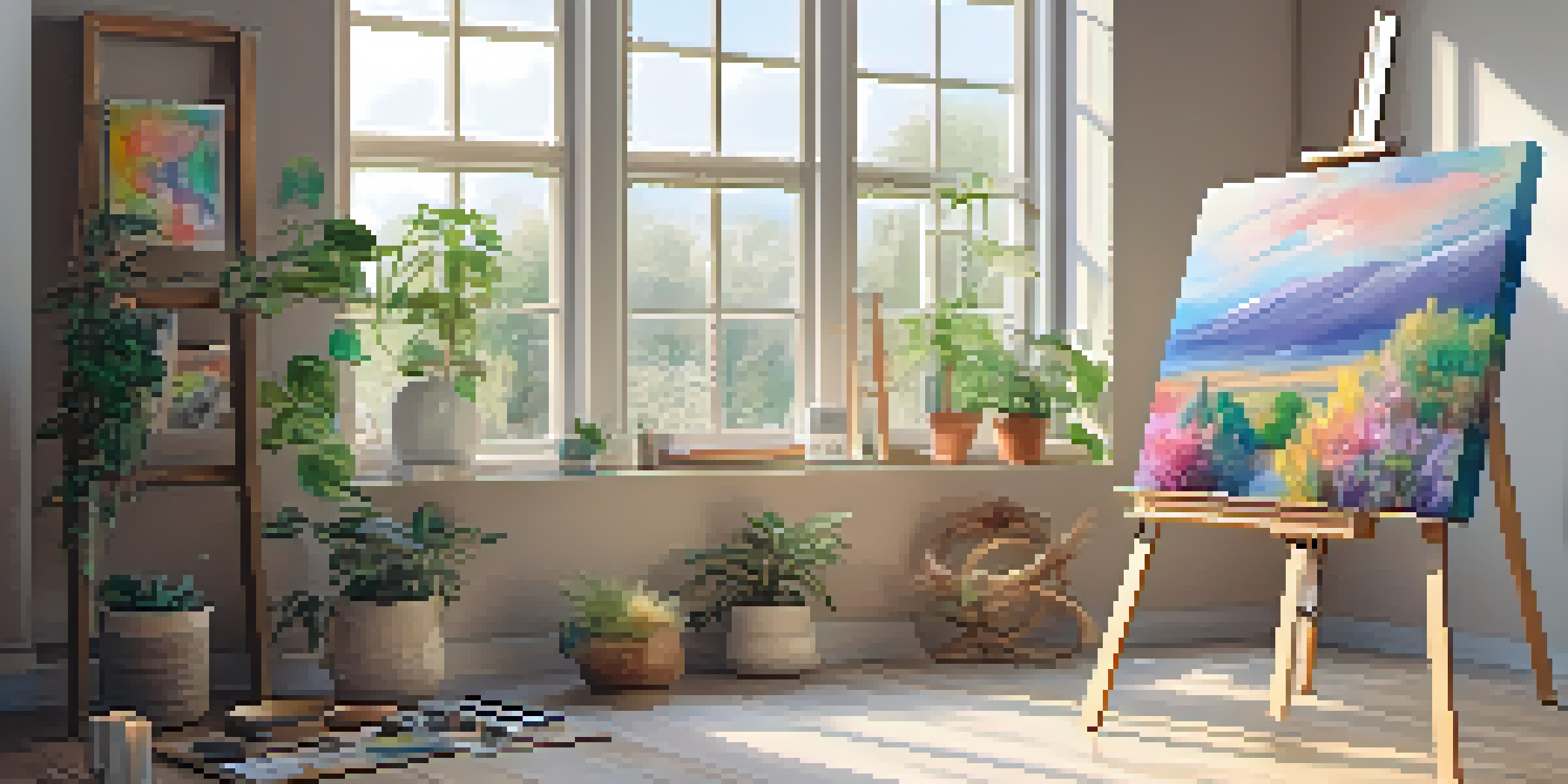 A bright and calming painting space with an easel, colorful canvas, and natural light from a window, surrounded by plants and art supplies.